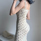 Spaghetti Strap Polkadot Print Shirred Mermaid Dress