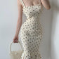 Spaghetti Strap Polkadot Print Shirred Mermaid Dress