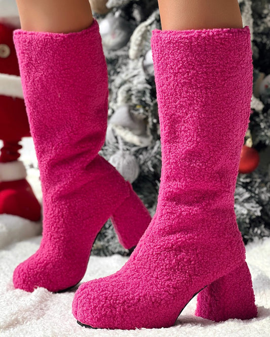 Chunky Heel Calf Teddy Boots