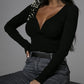 V Neck Long Sleeve Beaded Casual Top