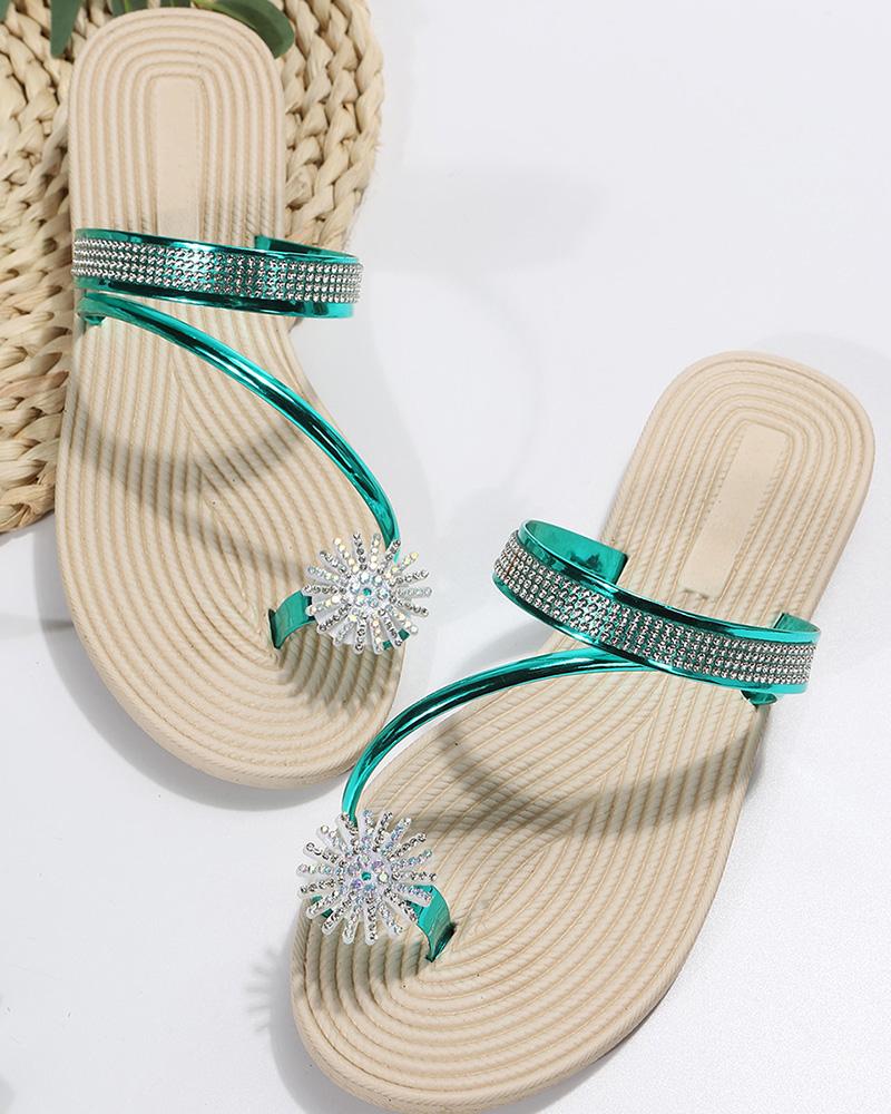 Rhinestone Floral Pattern Toe Ring Beach Flip Flops