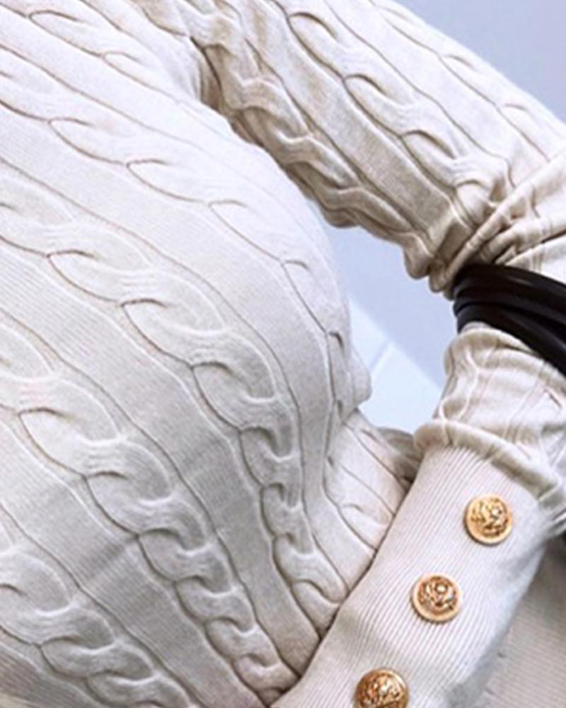 O neck Long Sleeve Buttoned Braided Knit Sweater
