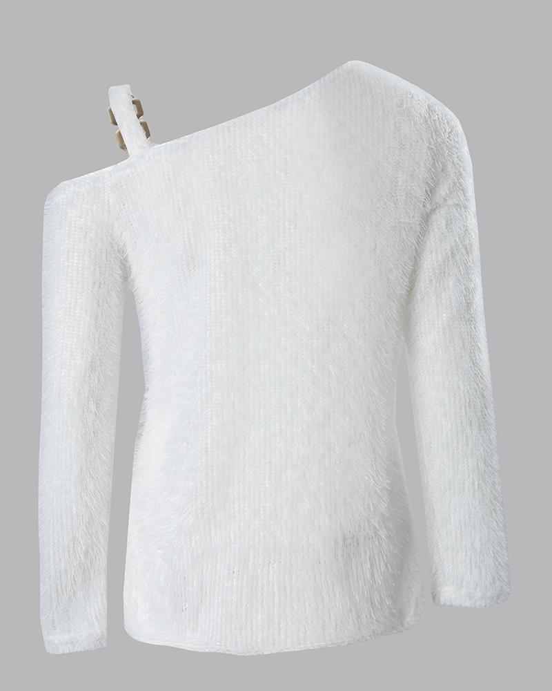Cold Shoulder Long Sleeve Fluffy Top