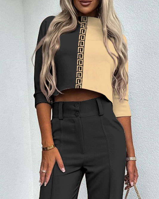 Colorlock Geo Tape Patch Crop Top & Buttoned Work Pants Set