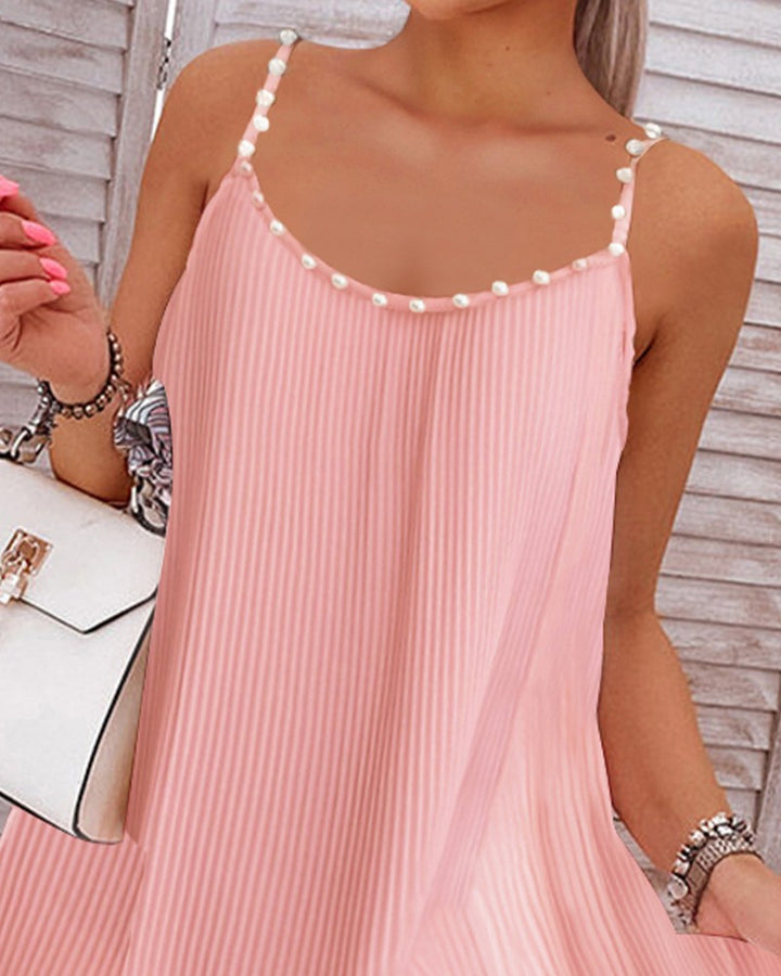Layered Pearls Strap Pleated Casual Dress