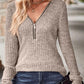 Zipper Design Long Sleeve Ribbed Top