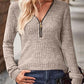 Zipper Design Long Sleeve Ribbed Top
