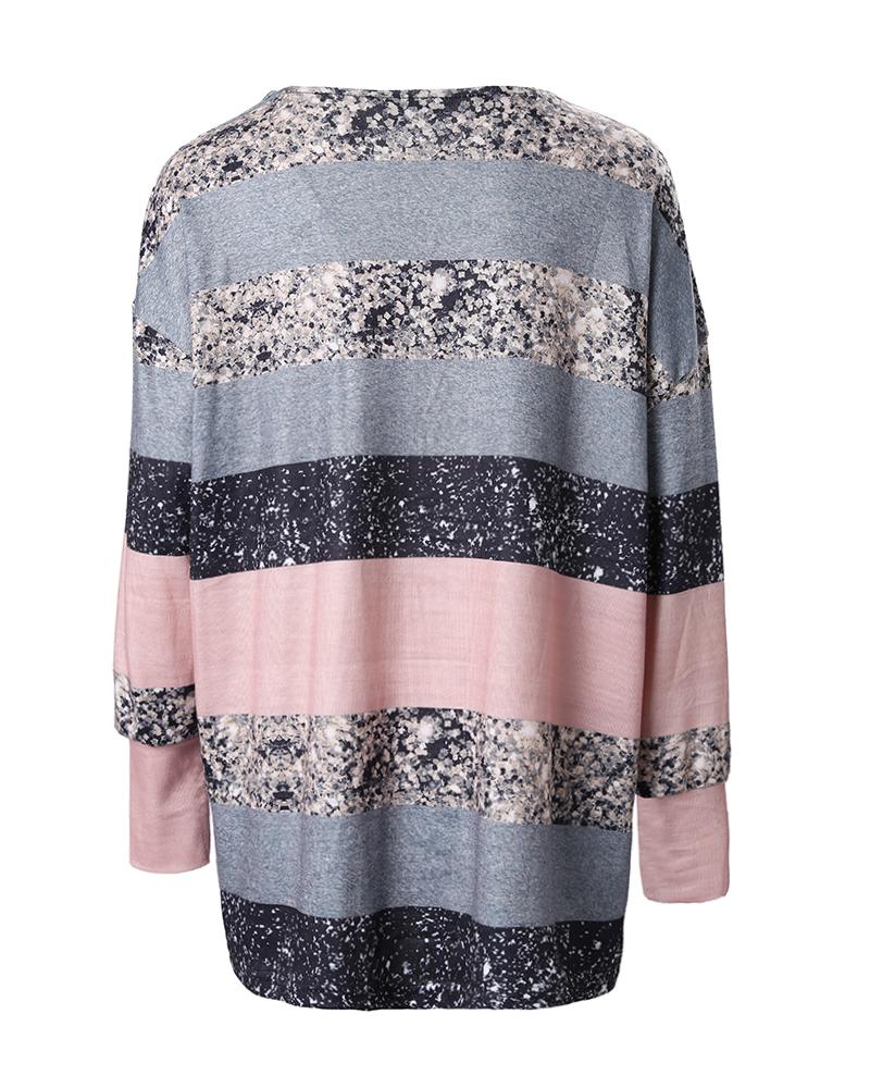 Colorblock Striped Print Long Sleeve Casual Top
