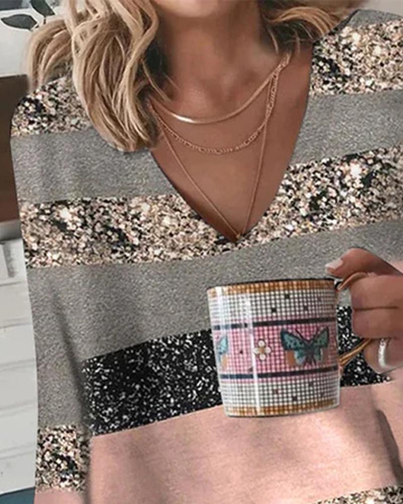 Colorblock Striped Print Long Sleeve Casual Top