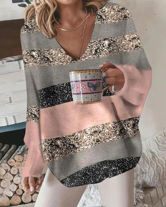Colorblock Striped Print Long Sleeve Casual Top