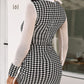 Houndstooth Print Sheer Mesh Casual Dress