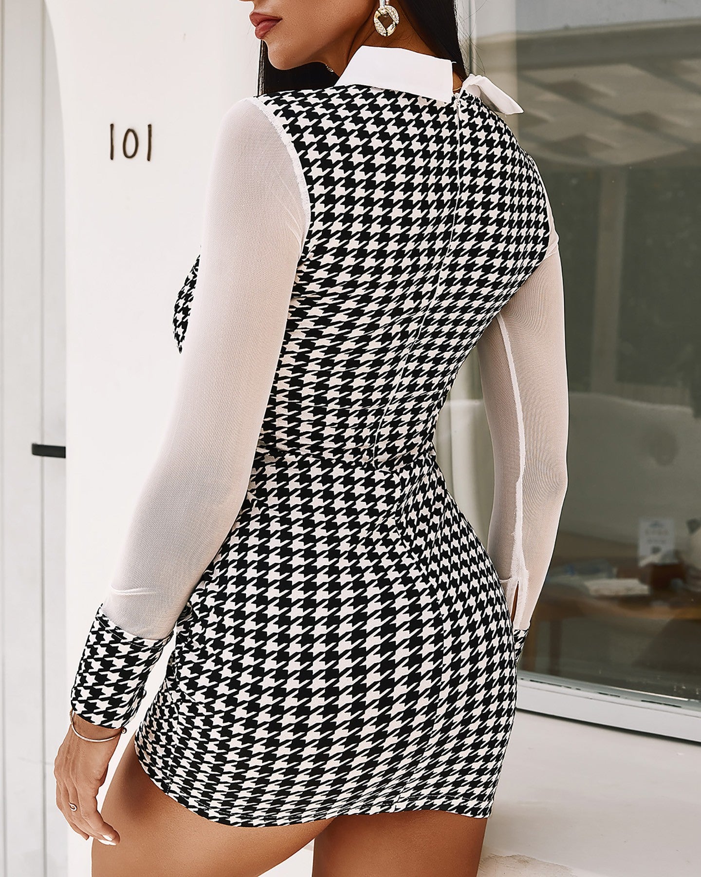 Houndstooth Print Sheer Mesh Casual Dress