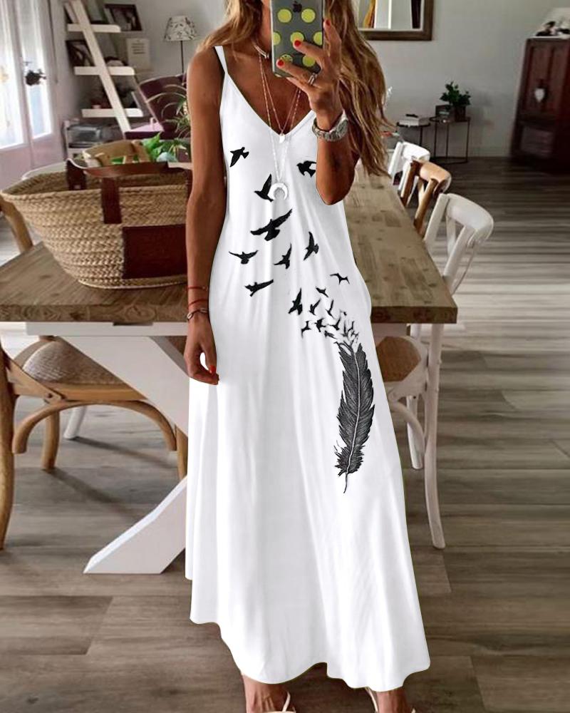 Feather Bird Print Spaghetti Strap Maxi Dress