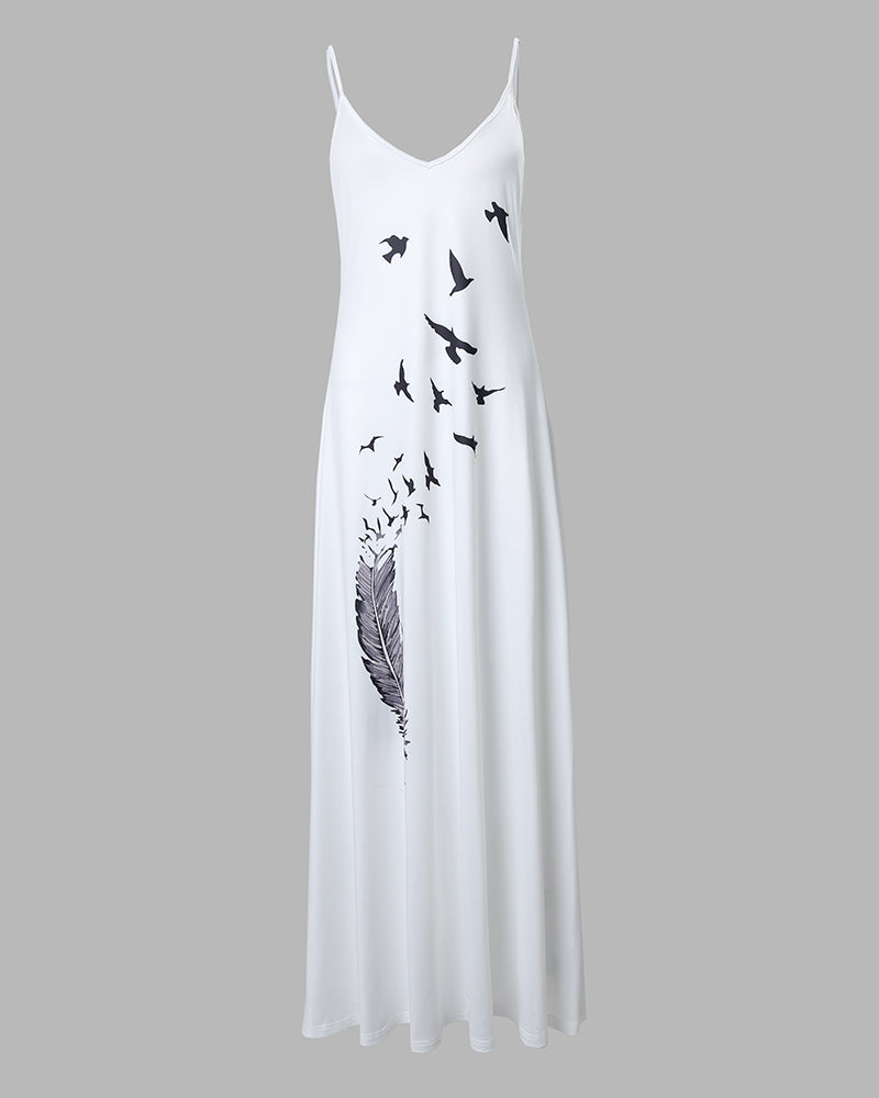 Feather Bird Print Spaghetti Strap Maxi Dress