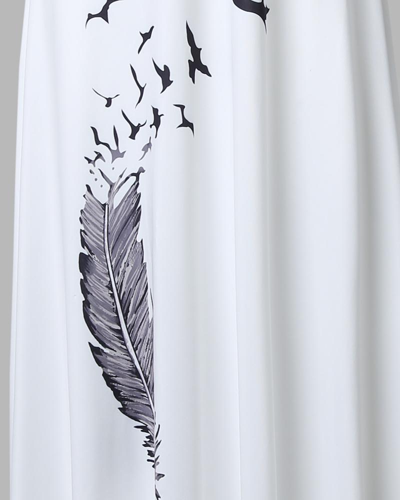 Feather Bird Print Spaghetti Strap Maxi Dress