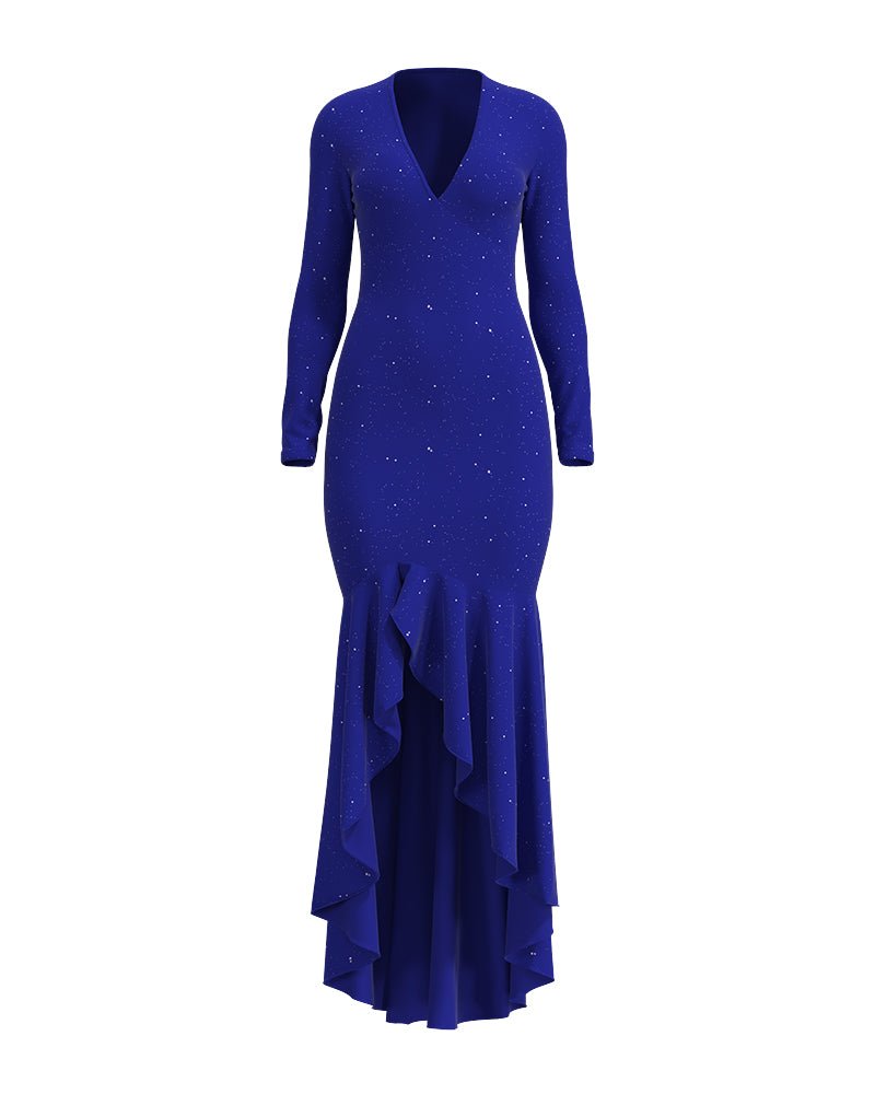 Glitter Long Sleeve Deep V Neck Mermaid Dress