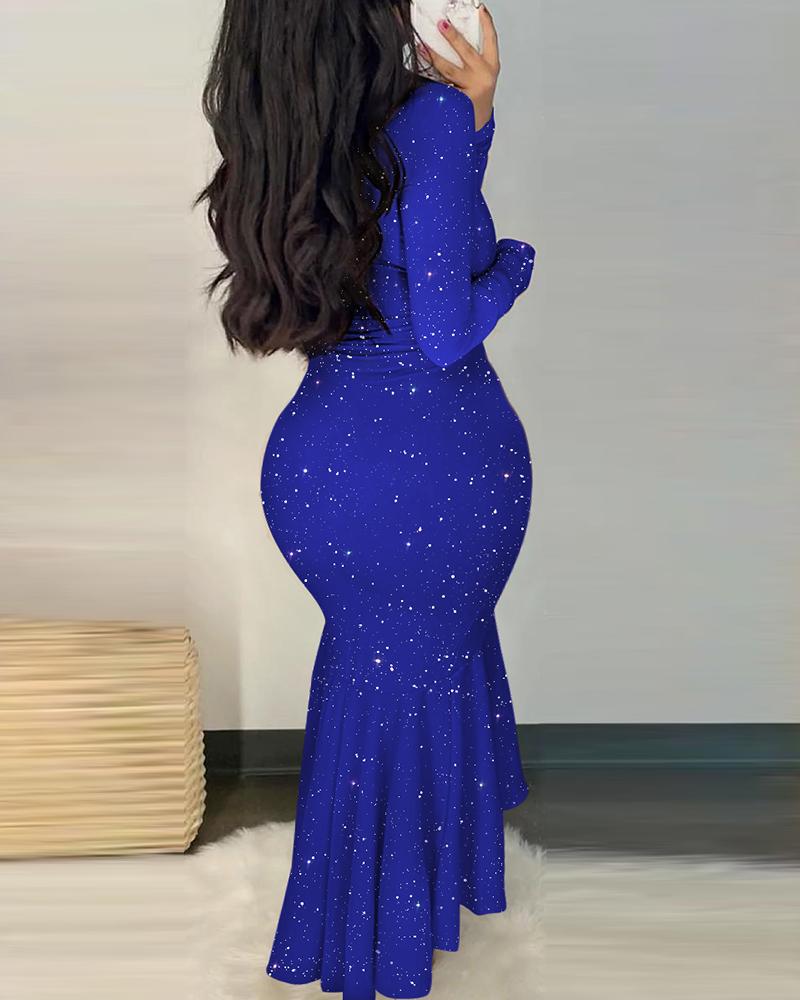Glitter Long Sleeve Deep V Neck Mermaid Dress