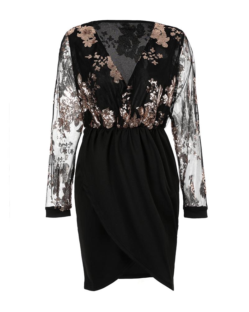 Contrast Sequin Sheer Mesh Long Sleeve Party Dress
