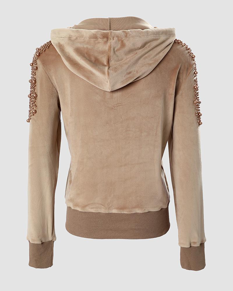 Beaded Zipper Design Velvet Hooded Coat