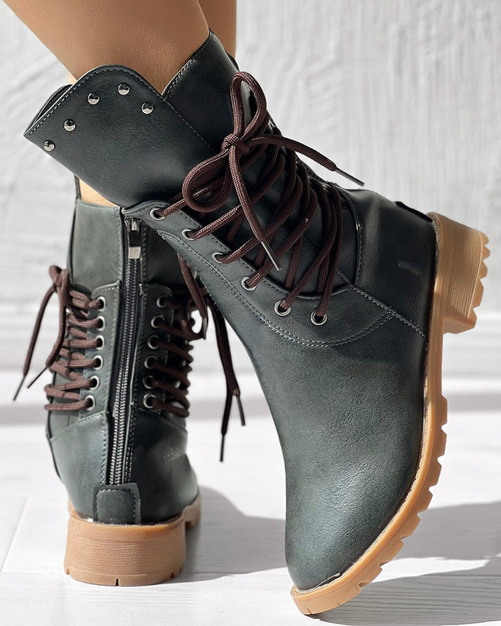 Studded Side Lace up Chunky Heel Ankle Boots