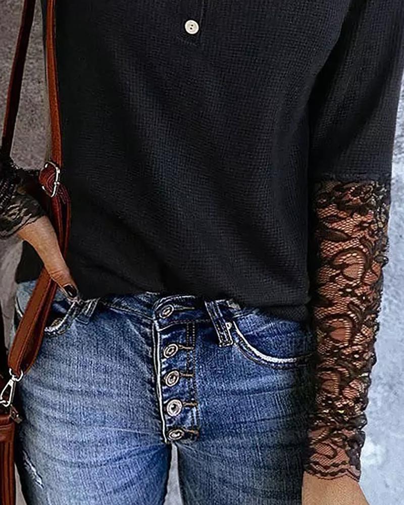 Lace Patch Buttoned Long Sleeve Top