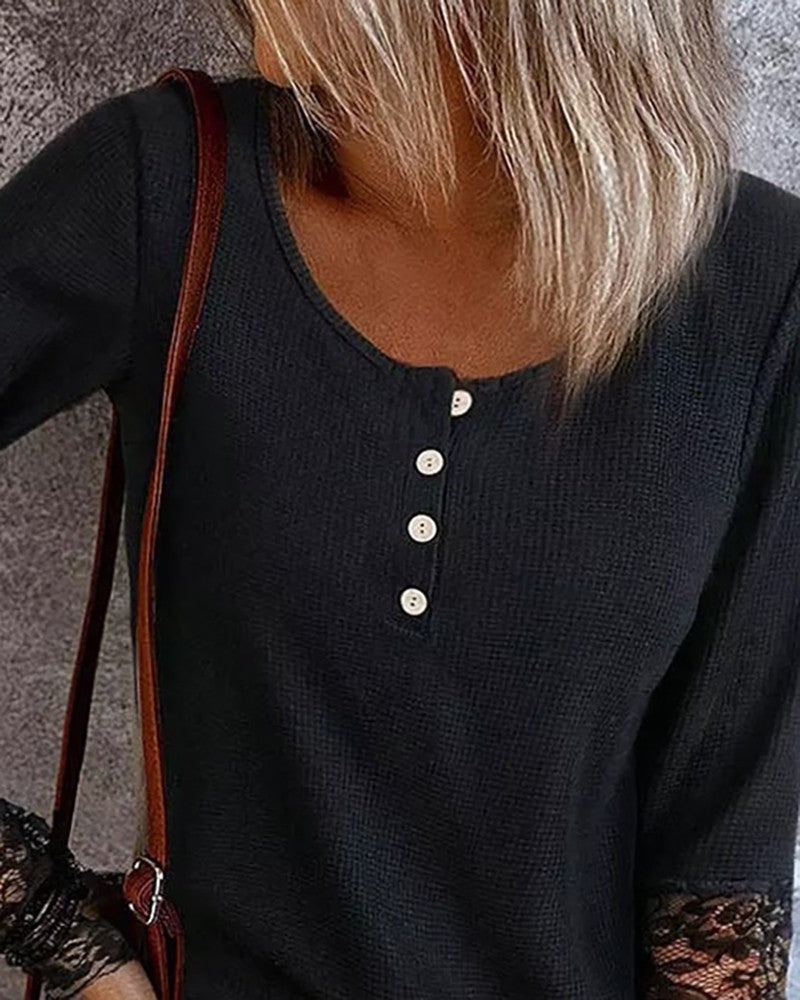 Lace Patch Buttoned Long Sleeve Top