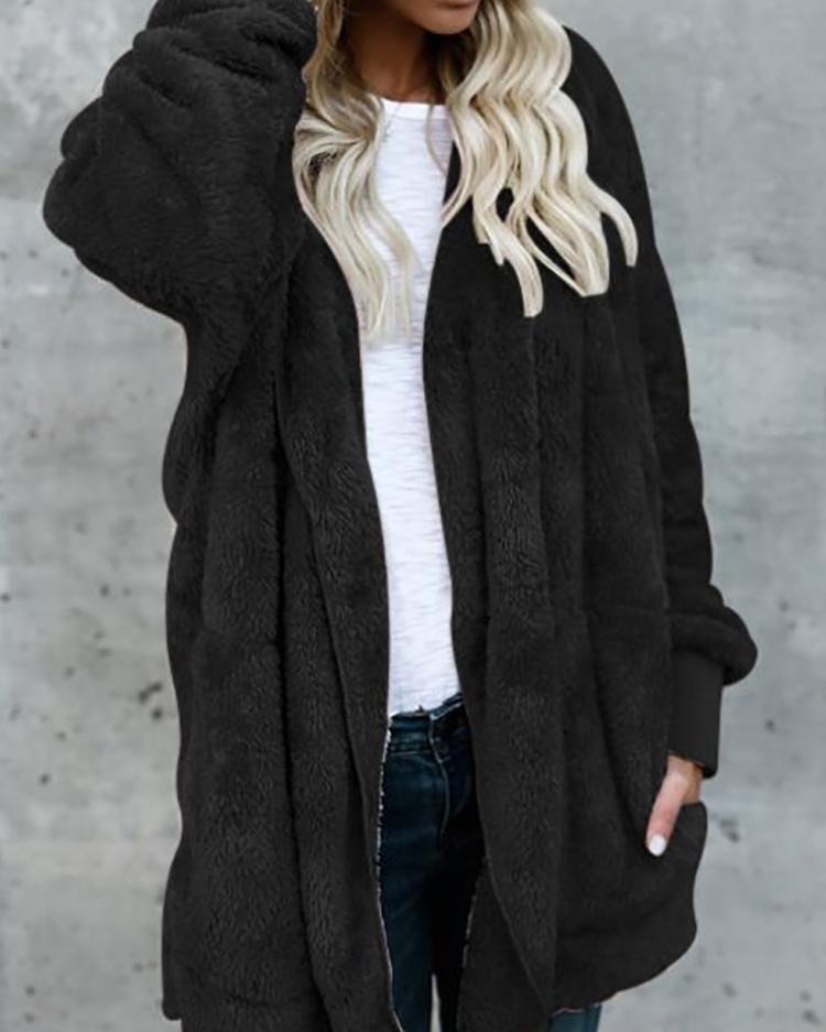 Warm Solid Pocket Design Hoodies Fluffy Coat