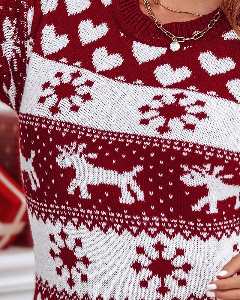 Christmas Elk Heart Snowflake Print Knit Casual Dress