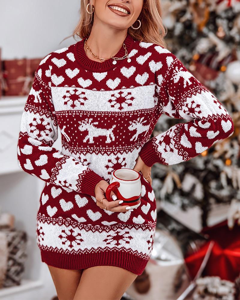 Christmas Elk Heart Snowflake Print Knit Casual Dress