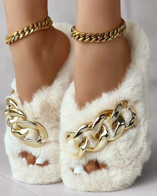 Fuzzy Chain Decor Cross Strap Slippers