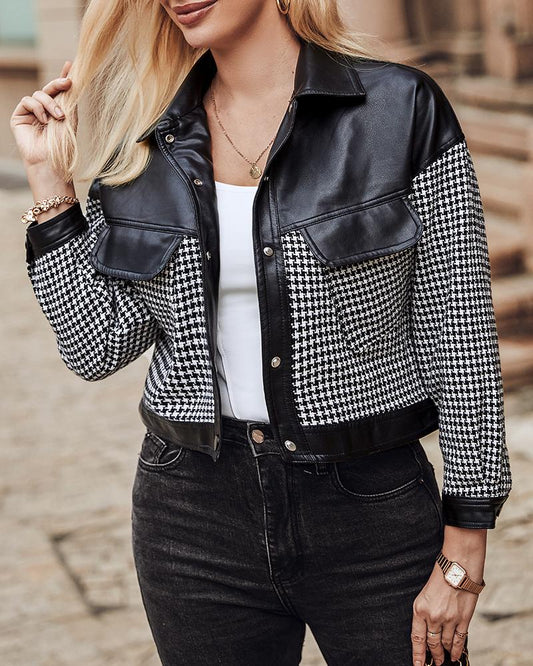Houndstooth Print Colorblock PU Leather Patch Jacket