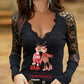Christmas Letter Cartoon Elk Print Contrast Lace Top