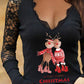 Christmas Letter Cartoon Elk Print Contrast Lace Top