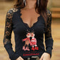Christmas Letter Cartoon Elk Print Contrast Lace Top