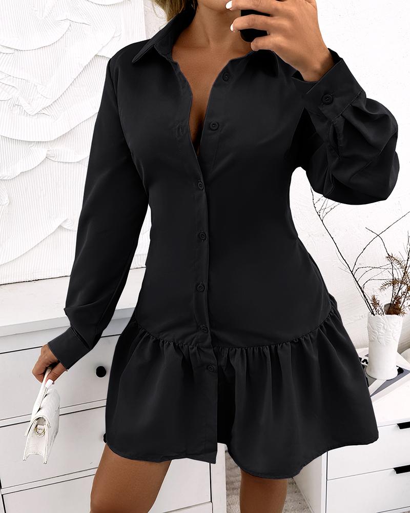 Long Sleeve Buttoned Ruffle Hem Shirt Dress