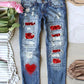 Heart Print Patchwork High Waist Jeans