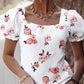 Square Neck Hollow out  Knot Back Bubble Sleeve Floral Print Blouse
