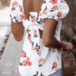 Square Neck Hollow out  Knot Back Bubble Sleeve Floral Print Blouse