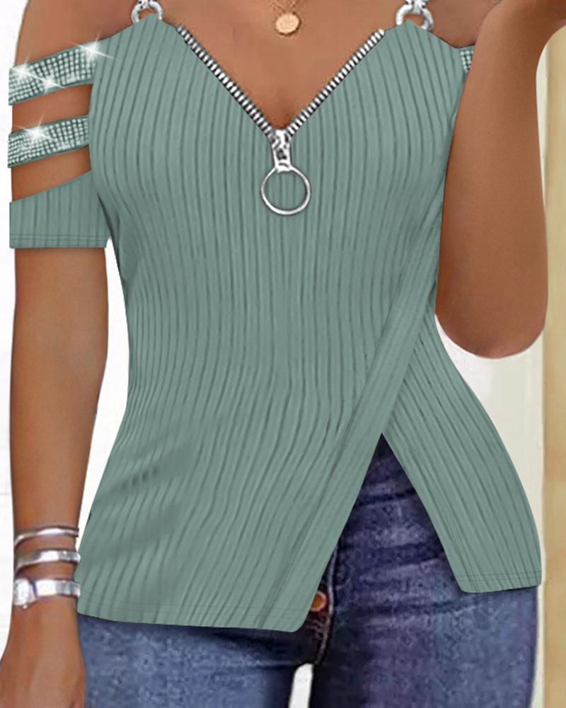 Rhinestone Decor Zip Detail Split Hem Cold Shoulder Top