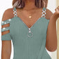 Rhinestone Decor Zip Detail Split Hem Cold Shoulder Top