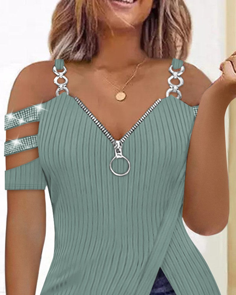Rhinestone Decor Zip Detail Split Hem Cold Shoulder Top