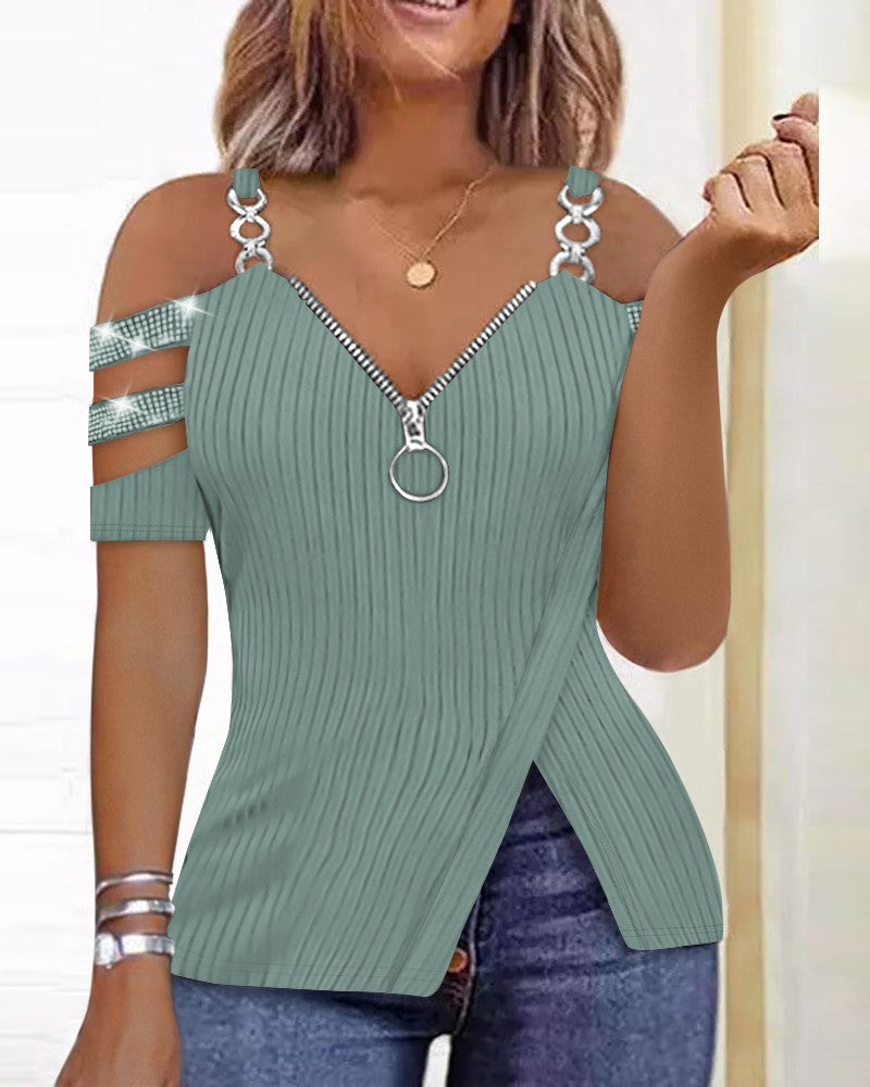 Rhinestone Decor Zip Detail Split Hem Cold Shoulder Top