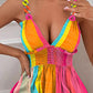 Rainbow Stripe Print Shirred Chain Strap Casual Dress