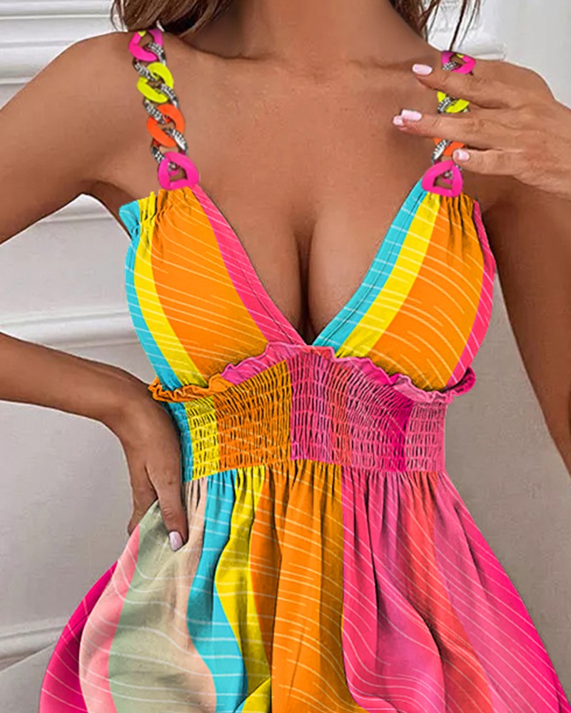 Rainbow Stripe Print Shirred Chain Strap Casual Dress