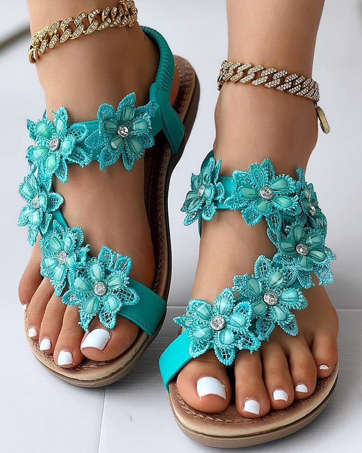 Floral Pattern Toe Ring Slingback Beach Sandals