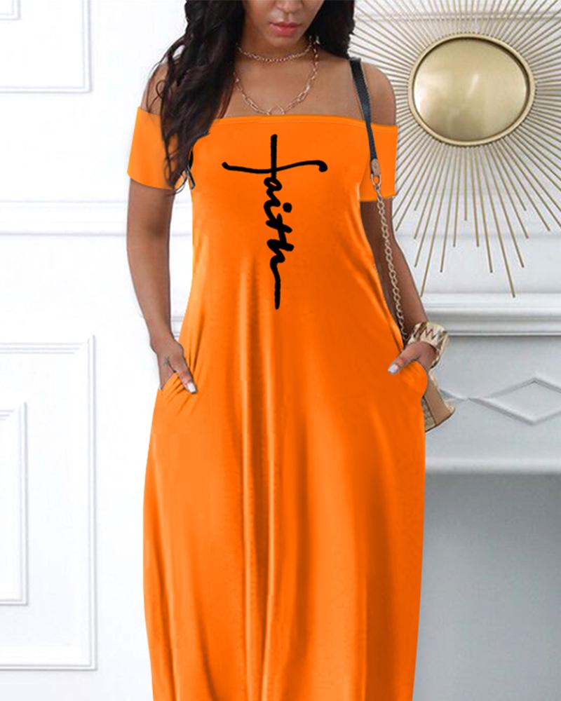 Letter Print Off Shoulder Casual Dress