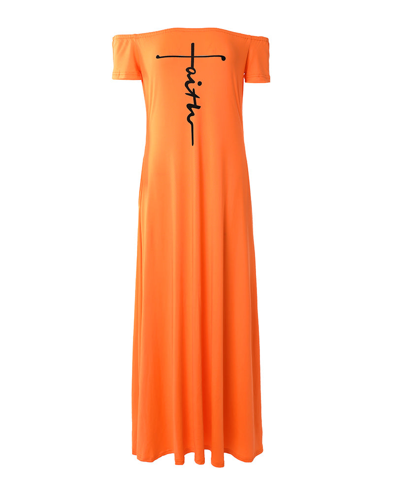 Letter Print Off Shoulder Casual Dress
