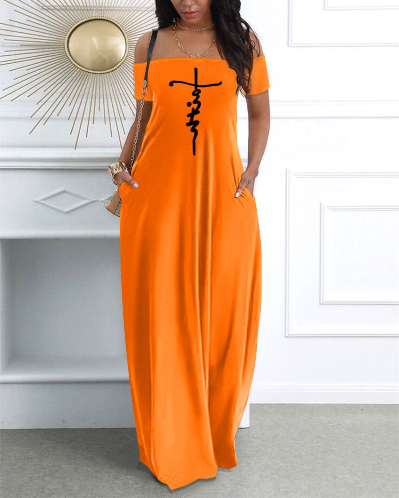 Letter Print Off Shoulder Casual Dress