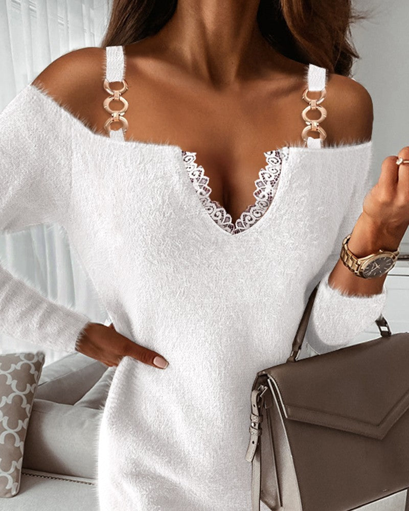 Contrast Lace Cold Shoulder Fluffy Long Sleeve Dress