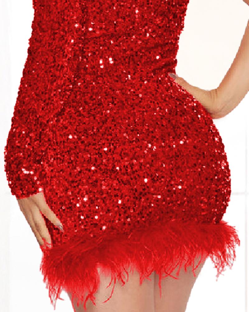 One Shoulder Feather Detail Party Sequin Dress